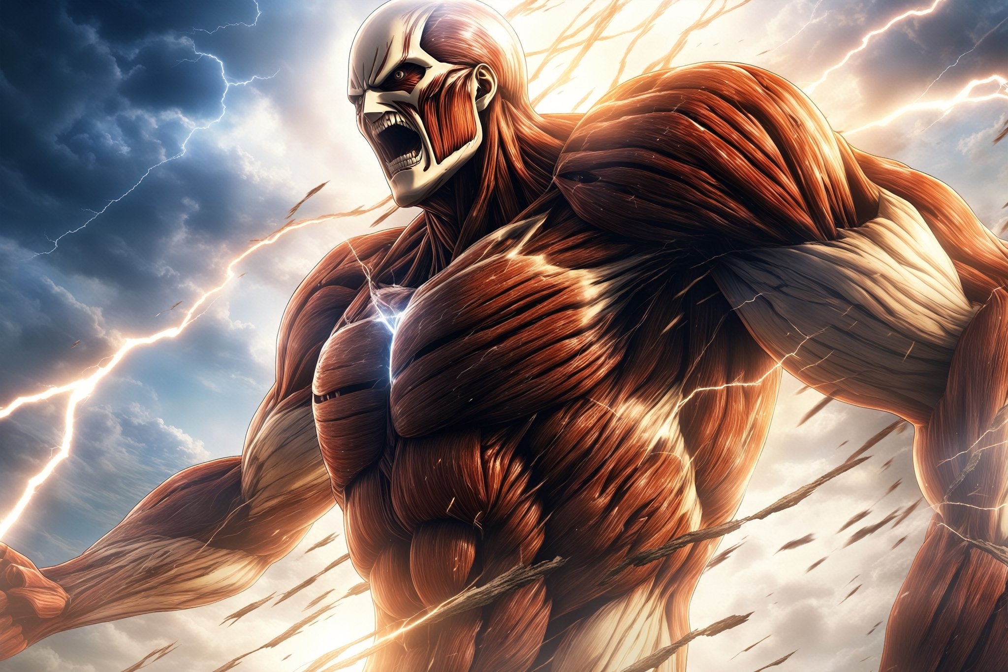 masterpiece, best quality, ultra detailed, wallpaper, 8k, uhd, attack on titan, titan transformation, steam, lightning