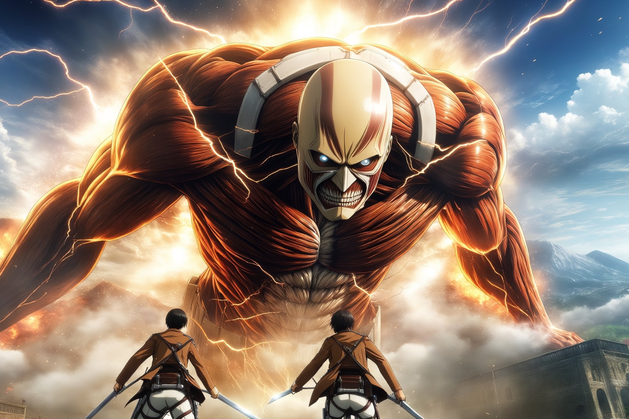 masterpiece, best quality, ultra detailed, wallpaper, 8k, uhd, attack on titan, titan transformation, steam, lightning