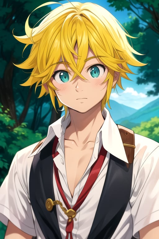 masterpiece, best quality, ultra-detailed, illustration, 1boy, solo, male focus, looking at viewer, upper body, depth of field,meliodas_nanatsu_no_taizai