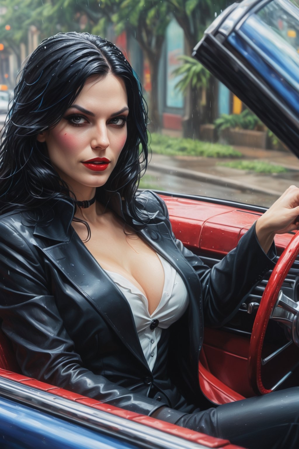 An extremely detailed and realistic painting of Zatanna driving a car, seen through the windshield. The scene is highly dynamic and rendered in a vibrant color palette. Zatanna's expression is confident and in control as she weaves through traffic with ease. The car is a classic convertible, with a gleaming black paint job and red leather interior. The background can be a sun-drenched beach, a rain-soaked city street, or a lush forest. 