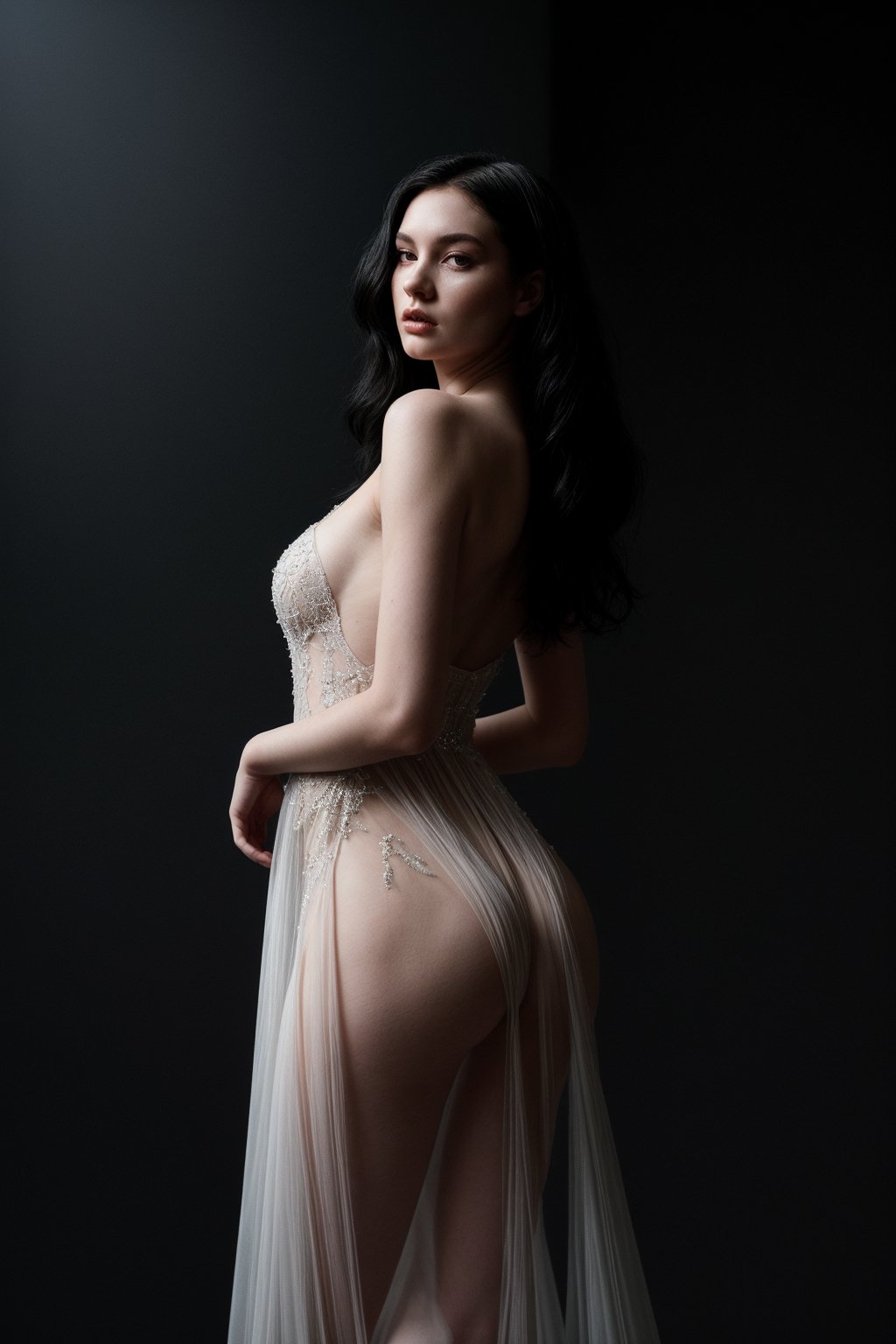 A high-fashion model with an ethereal, delicate face and a slender, curvaceous figure poses in a sheer, flowing gown with intricate beading. Her long, raven-black hair cascades down her back, framing her porcelain skin. She stands on a minimalist, white platform, her silhouette slightly obscured by a fog-like mist, creating a mysterious and alluring atmosphere.