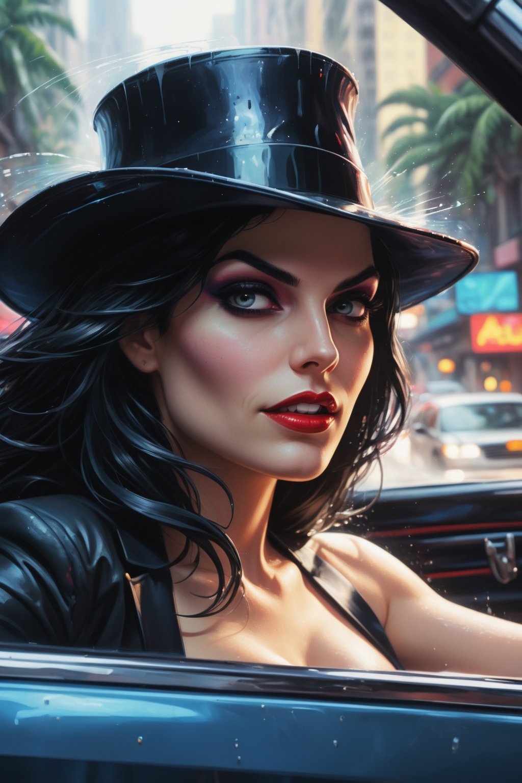 An extremely detailed and realistic painting of Zatanna driving a car, seen through the windshield. The scene is highly dynamic and rendered in a vibrant color palette. Zatanna's expression is confident and in control as she weaves through traffic with ease. The car is a classic convertible, with a gleaming black paint job and red leather interior. The background can be a sun-drenched beach, a rain-soaked city street, or a lush forest. 