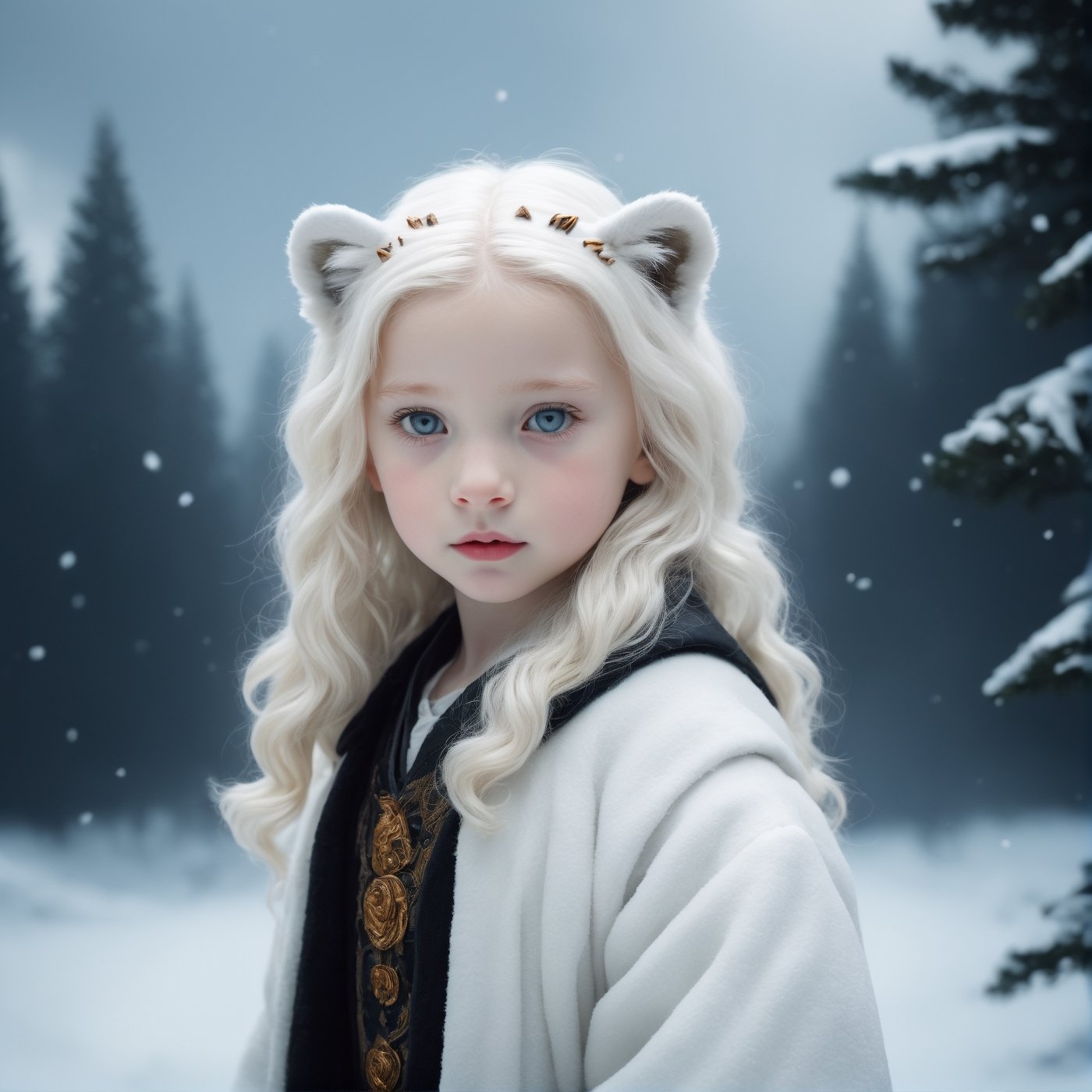 (fantasy style, portrait of a little albino girl, close-up, extremely beautiful, long wavy hairstyle, beautiful gray eyes, wearing a black winter coat), cold atmosphere, winter theme, (((hugging the baby tiger))), snow , Game of thrones style, pine trees, dark storm clouds, fluffy clouds in the background, unreal engine, (masterpiece, intricate, epic details, sharp focus, dramatic and surreal oil painting),white tiger