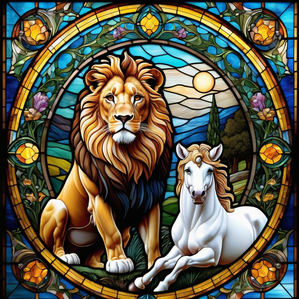 (masterpiece:1.2, highest quality), (realistic, photo_realistic:1.9), ((Photoshoot))
an image of a lion and unicorn on a stained glass window, in the style of colorful moebius, light amber, elaborate landscapes, datamosh, expansive, hurufiyya,(Circle:1.4)
8k, UHD, high quality, frowning, intricate detailed, highly detailed, hyper-realistic
