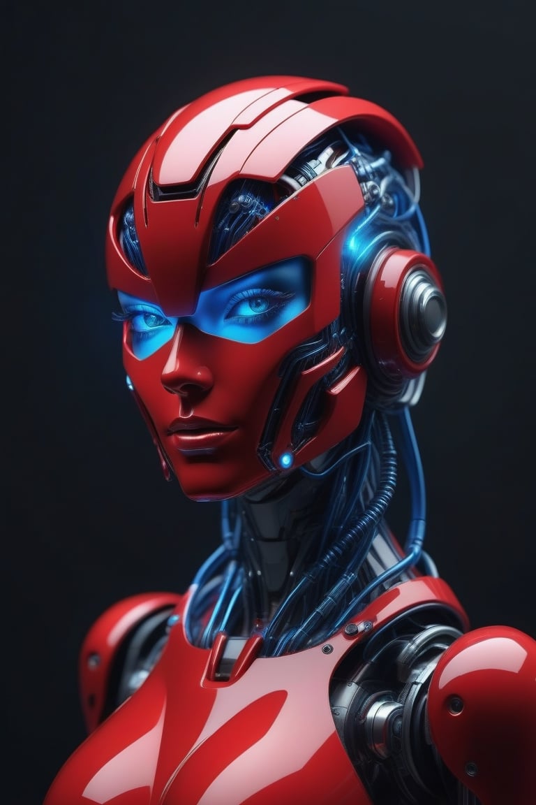 robot woman style shiny red helmet with robotic features, the reflection on her face is made of glowing blue wires with intricate details, hyper realistic photography in the style of editorial pose, photorealistic, 8k, high render --v 6.0 --ar 9:16