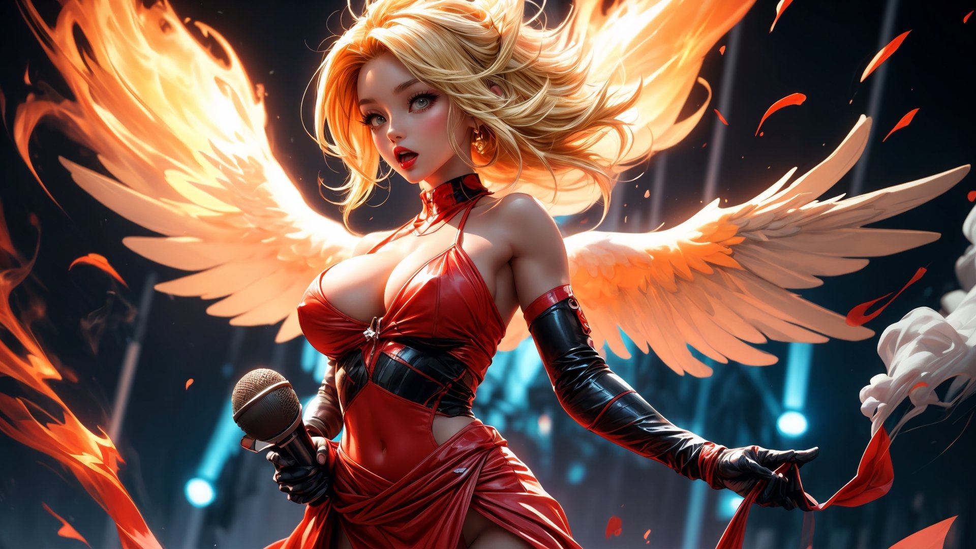 Close shot ,close view , An angel singing ,big huge wings , fire wings , Microphone , singer , Blonde hair, naked,nipple ,  hair fluttering in the wind ,big breast,  red lips, fire and smoke background ,  ((background extremely detailed)),  dramatic and epic atmosphere,  (standing pose),  ((front body view)), six pack , blonde , Wind wrapped in her hair ,  fitness body , perefect body ,