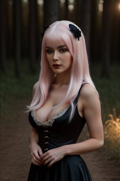 Caucasian 25 y.o woman, pale skin, pink high wig, cleavage, in a Victorian dress standing in a moon lit renaissance forest , best quality, masterpiece, detailed beautiful eyes and detailed face, upper body shot, cinematic lighting, extremely detailed cg Unity 8k wallpaper