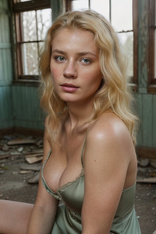 (8k, RAW photo, photorealistic:1.25), (highly detailed skin:1.2), ((looking at viewer)),(( Voluptuous Blonde)), Serene, Caucasian, pale skin, with a slightly unbuttoned Victorian  dress and a deep cleavage, sitting in an abandoned Victorian green house, best quality, masterpiece, detailed perfect realistic eyes and detailed face, body shot, cinematic lighting, extremely detailed