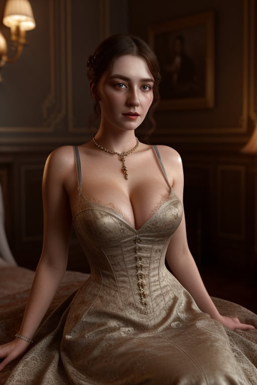 Caucasian 25 y.o woman, pale skin, cleavage, in a Victorian dress and Victorian room, best quality, masterpiece, detailed beautiful eyes and detailed face, upper body shot, cinematic lighting, extremely detailed cg Unity 8k wallpaper