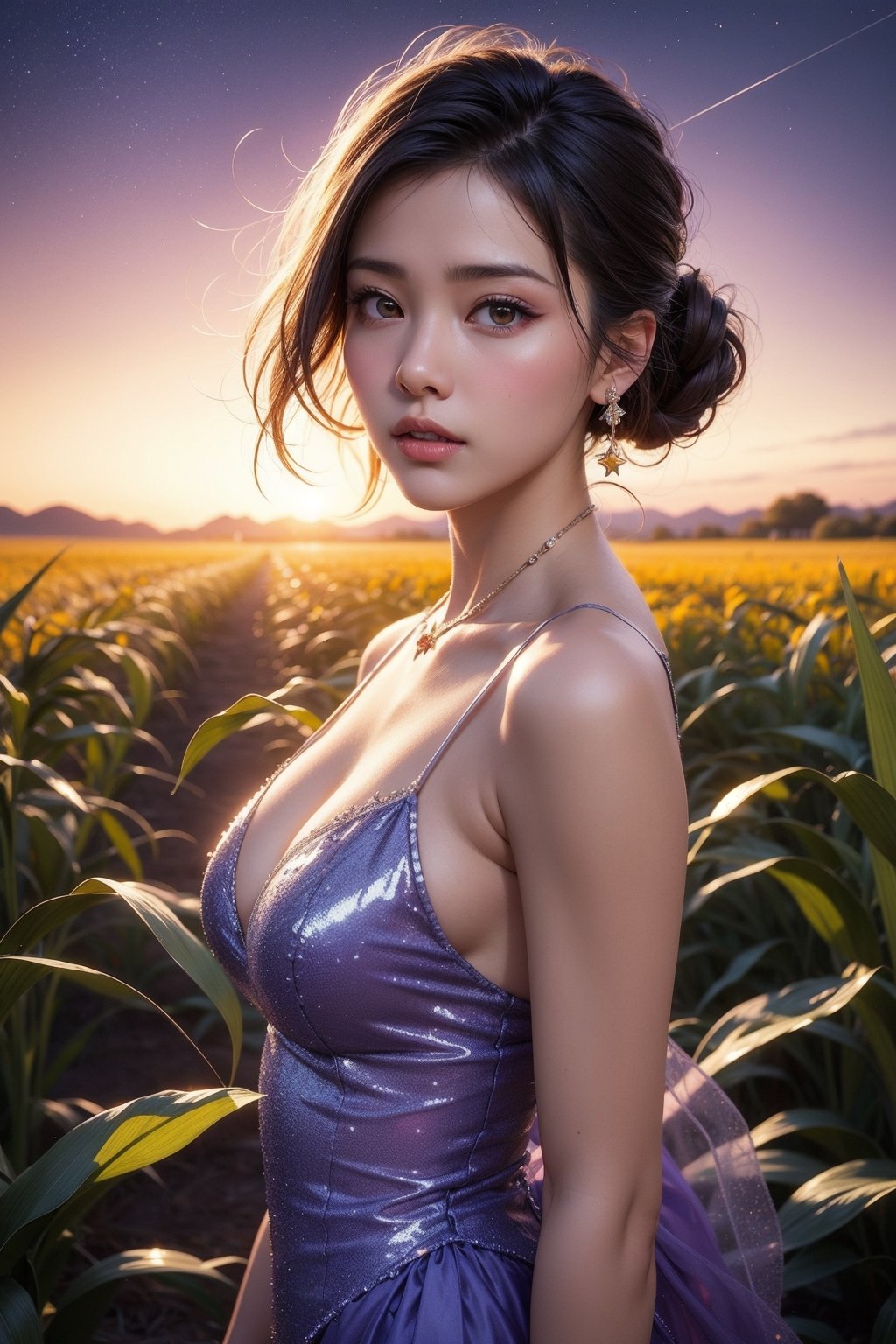 I girl, standing in a corn field, Princess dress,windy Twilight, Star in sky, the girl gazing the stars, (seeing sky:1.1),purple shade tone sky, realistic, very detailed, High quality background, dreamy like image, flawless beautiful pictures,mood setting aura,( low agle shot:1.2),Detailedface