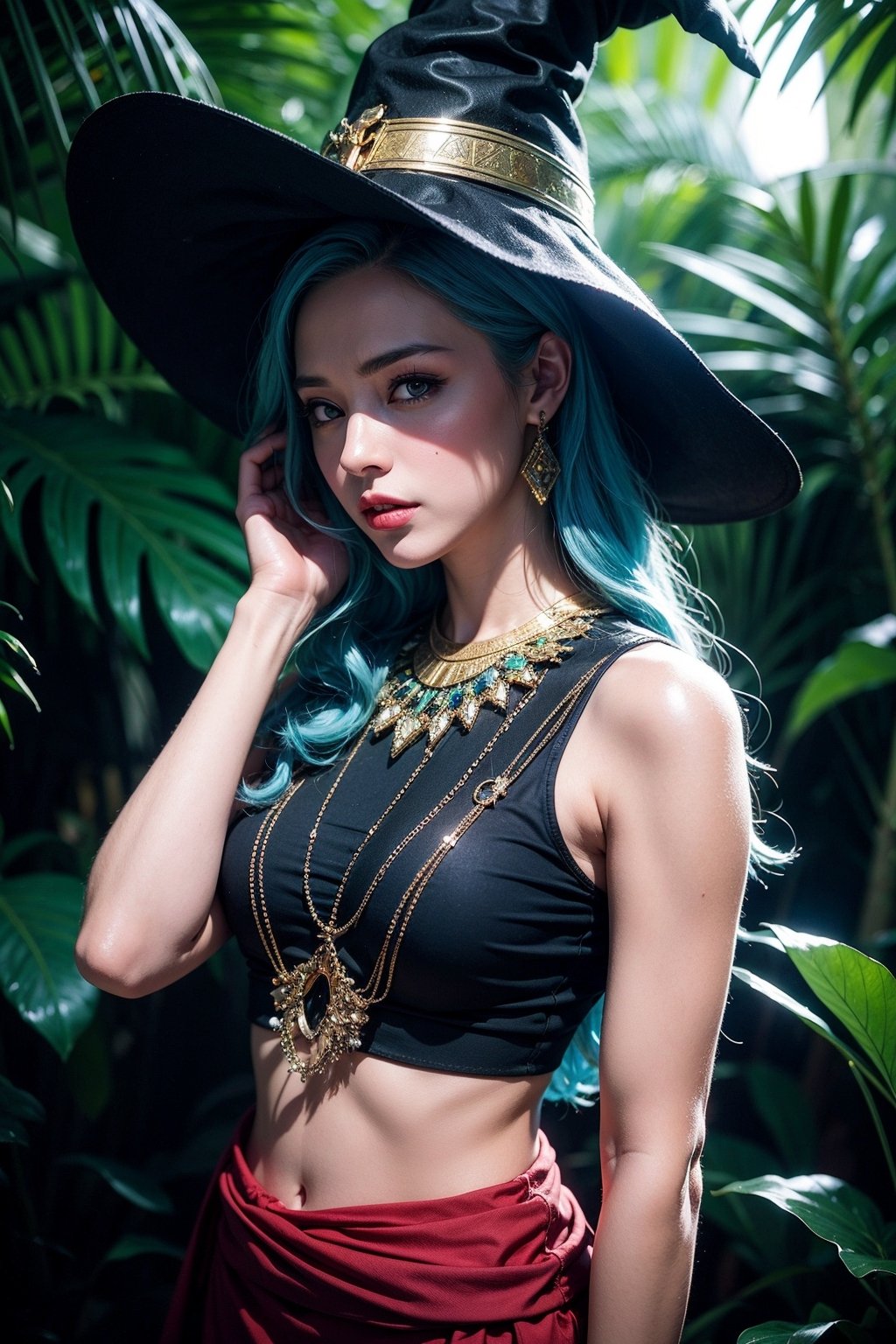 1 girl,sexy witcher,(colorful glass outfit:1.3),blue gold, witch hat,magic spell,(Egyptian style:1.2), mystical jungle, dark mood, night mode, magical lightning, big crystal pendant, cinematic moonflim, focus light, releastic, low angle shot,8k, masterpiece:1.4, highquality:1.2, flawless beautiful image, mystical,dreamy background, ,wowdk