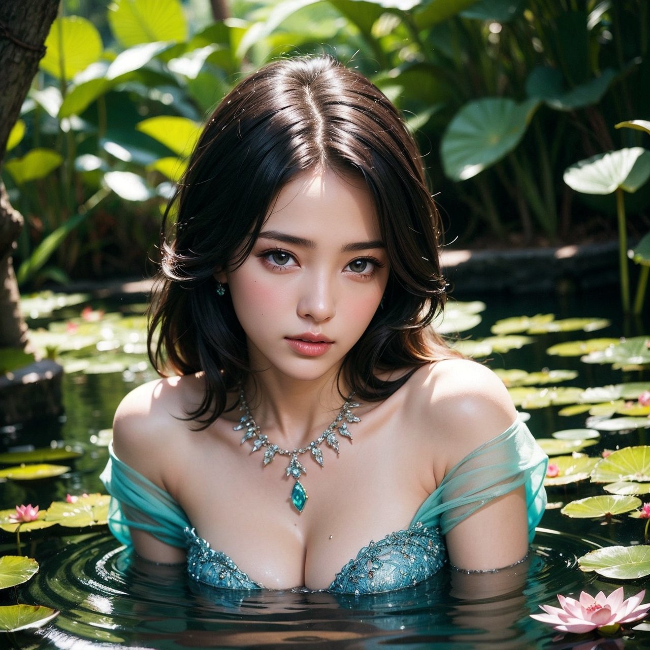 1girl, gorgeous, bathing in a pond, sheer royal dress, cleavage, (wearing ornaments:1.3), round crystal pendant the pond full of lotus, the pond sorrounded by magical Jungle without birlds and butterflies, the shot  is flim style, cinematic, vivid color,8k resolution, hyperrealistic, detailed face detailedskin , the background show be flawless beautiful, flawless images,(closeup shot:1.2)