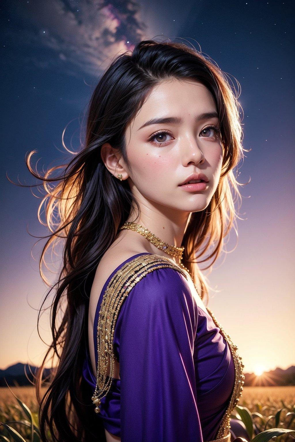 I girl, standing in a corn field, Princess saree,windy Twilight, Star in sky, the girl gazing the stars, (seeing sky:1.1),purple shade tone sky, realistic, very detailed, High quality background, dreamy like image, flawless beautiful pictures,mood setting aura,( low agle shot:1.2),Detailedface,Detailedeyes