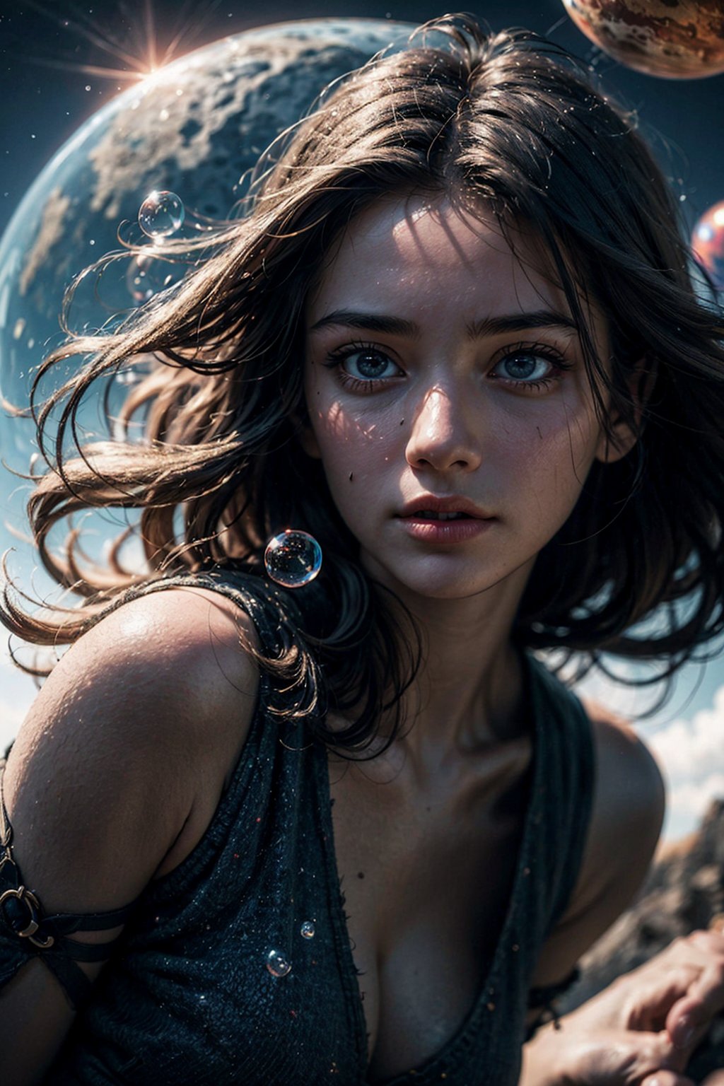 Realistic fantasy, High quality, Ultra Realistic,HDR,8K, High resolution, potrait photography, masterpiece, insanely detail, very detailed face and body, 1girl, ((floating in sky)), flowy dress, ((floating color bubbles)), colorful, short_skirt,sky, stars, celestial body, planets far away, atmosphere, (dreamy world:1.4), cinematic shot, low angle shot, High contrast, smooth,Detailedface,perfecteyes,(FFIXBG:1.2),(Circle:1.3)