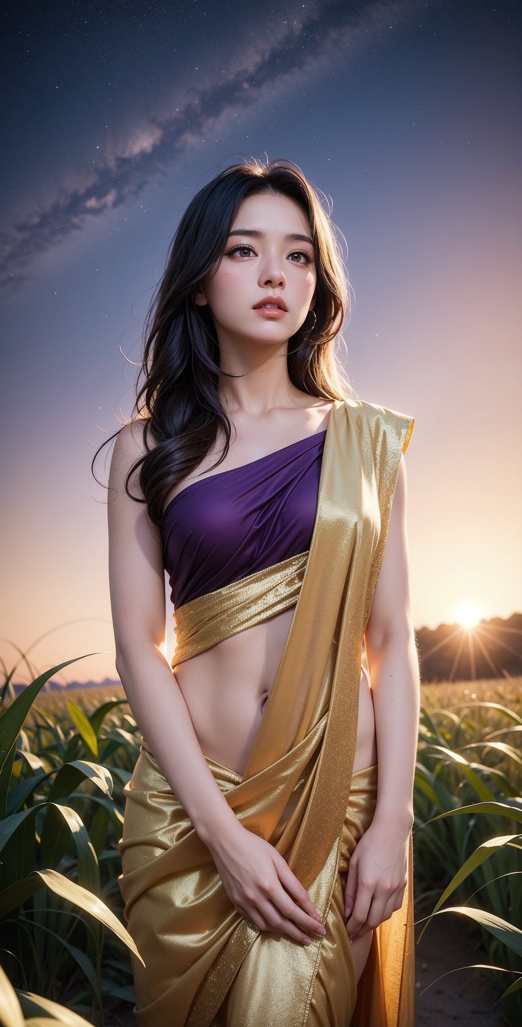 I girl, standing in a corn field, Princess saree,windy Twilight, Star in sky, the girl gazing the stars, (seeing sky:1.1),purple shade tone sky, realistic, very detailed, High quality background, dreamy like image, flawless beautiful pictures,mood setting aura,( low agle shot:1.2),Detailedface,Detailedeyes