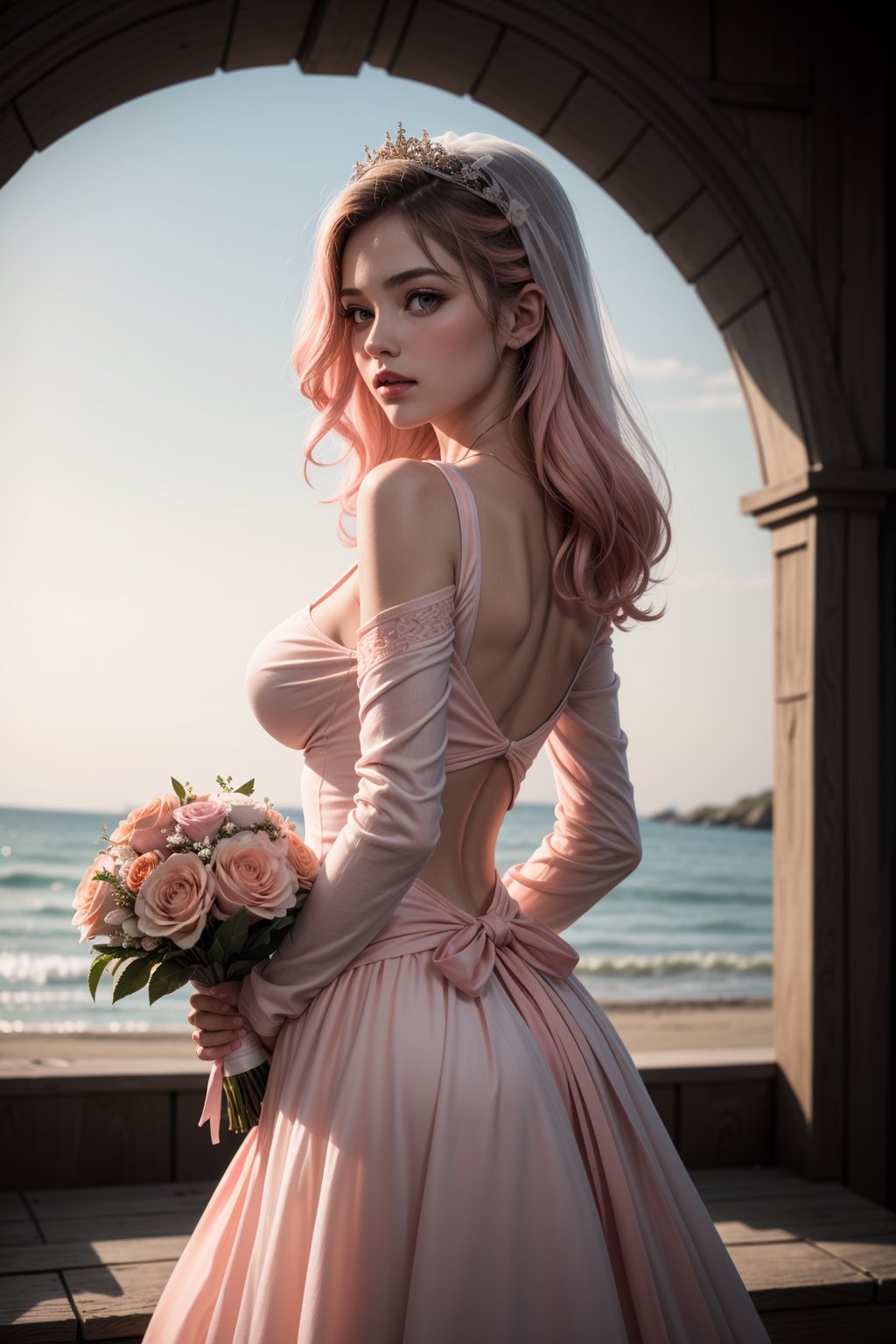 (Masterpiece:1.1),( best quality 1.2),1girl,18 old blonde, hourglass body ,slim, perfect, cleavage,( peach pink scoop neck top:1.3) (detached sleeve:1.2),bride standing ,holding Bridal Bokeh bouquet Flower, (intricate designed arch:1.3),hand (peach pink colour,smooth tone, muted color :1.4),realistic, realism, Ultrahd,4k,(decorated stage on beach background 1.4), sunshine from behind,4k , realistic photography, realistic like, raw image , HDR,(flim noir1.3),blurry_light_background,Detailedface,Detailedeyes,solo,breasts