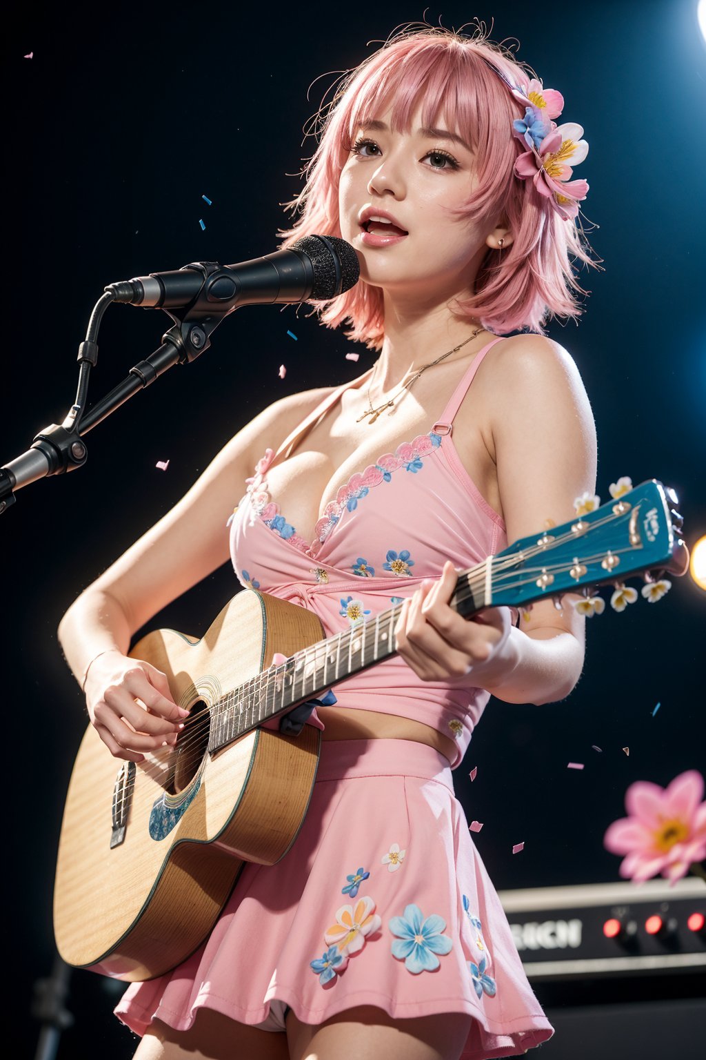 Cute girl,beautiful girl, beach wear,(blue mini skirt), ((transparent)),visible panty,(cleavage :1.2), cute face, singing,((playing guitar)),(short pink hair :1.3), detailedface,pastels,(flowers falling from top :1.5), stage , colorful lights, crowd , realistic realism, photography,Niko,ambient light, soft lighting,4k,raw,perfecteyes.,1girl,sciamano240,renaissance,march 7th \(honkai: star rail\)