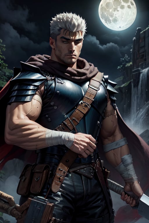 masterpiece, best quality, highly detailed, guts, 1boy, armor, bandages, black hair, cape, full moon, huge weapon, male focus, manly, moon, multicolored hair, one eye closed, scar, solo, sword, weapon, white hair, waterfall  ,high_resolution, 4k, good AI IMAGES ,high_quality