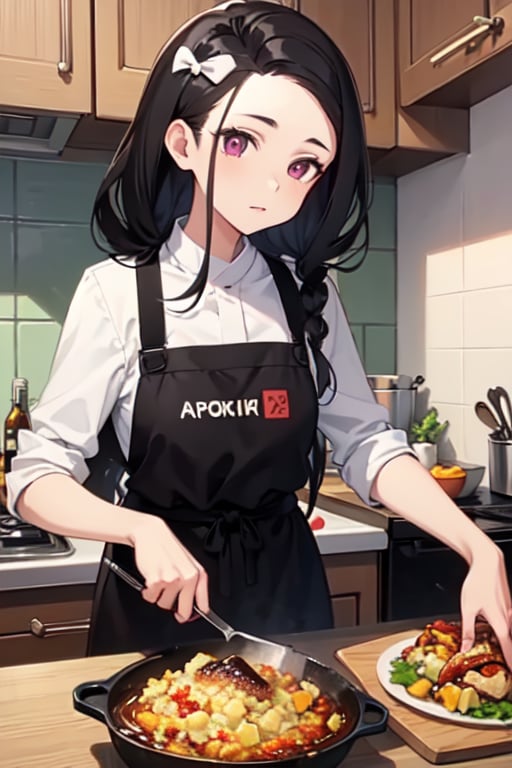 Nezuko kamado ( demon slayer) in kitchen making some food 