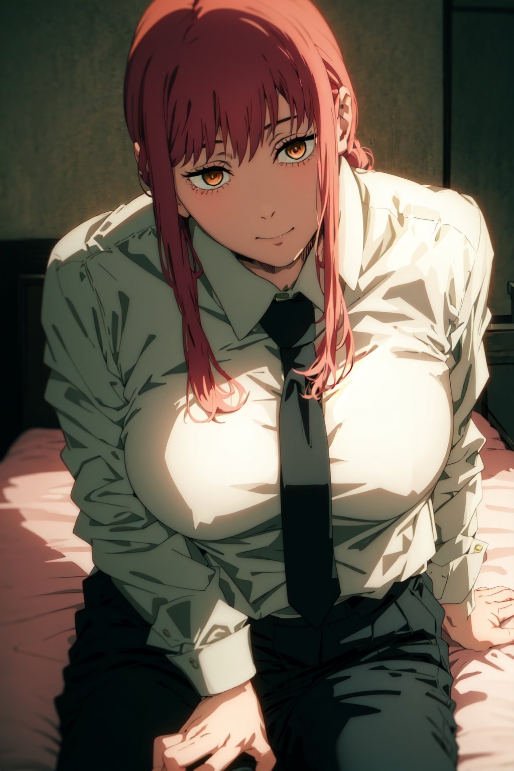 1girl, room, bed, shirt, tie, black trousers, Full HD, sexy pose, good detail ,makima \(chainsaw man\)