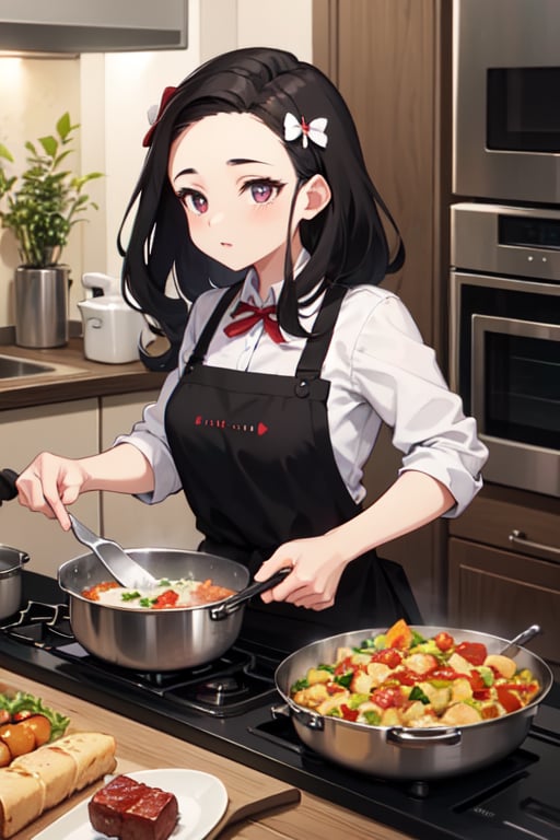 Nezuko kamado ( demon slayer) in kitchen making some food 