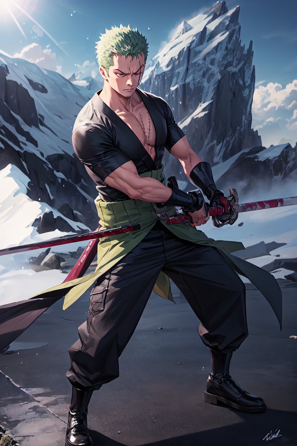 solo, male focus, 1boy, roronoa zoro, scar, muscular male, left eye closed, scar across left eye, japanese clothes, green kimono, full_body, anime style , anime version,with his three sword,serious face, fighting style pose,4k,3k,4k resolution,high_resolution,High quality,normal face , fighting pose ,face similar to anime 