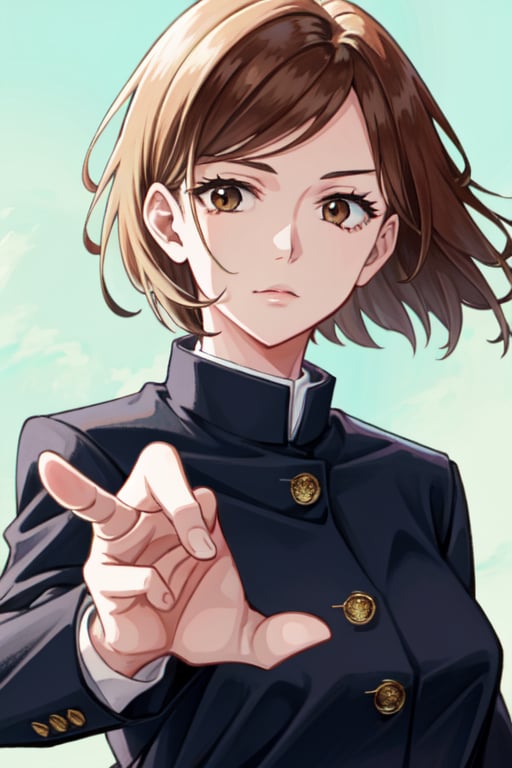 kugisaki nobara, closed mouth, brown eyes, school uniform, short hair, jacket, upper body, 1girl, lips, brown hair, solo