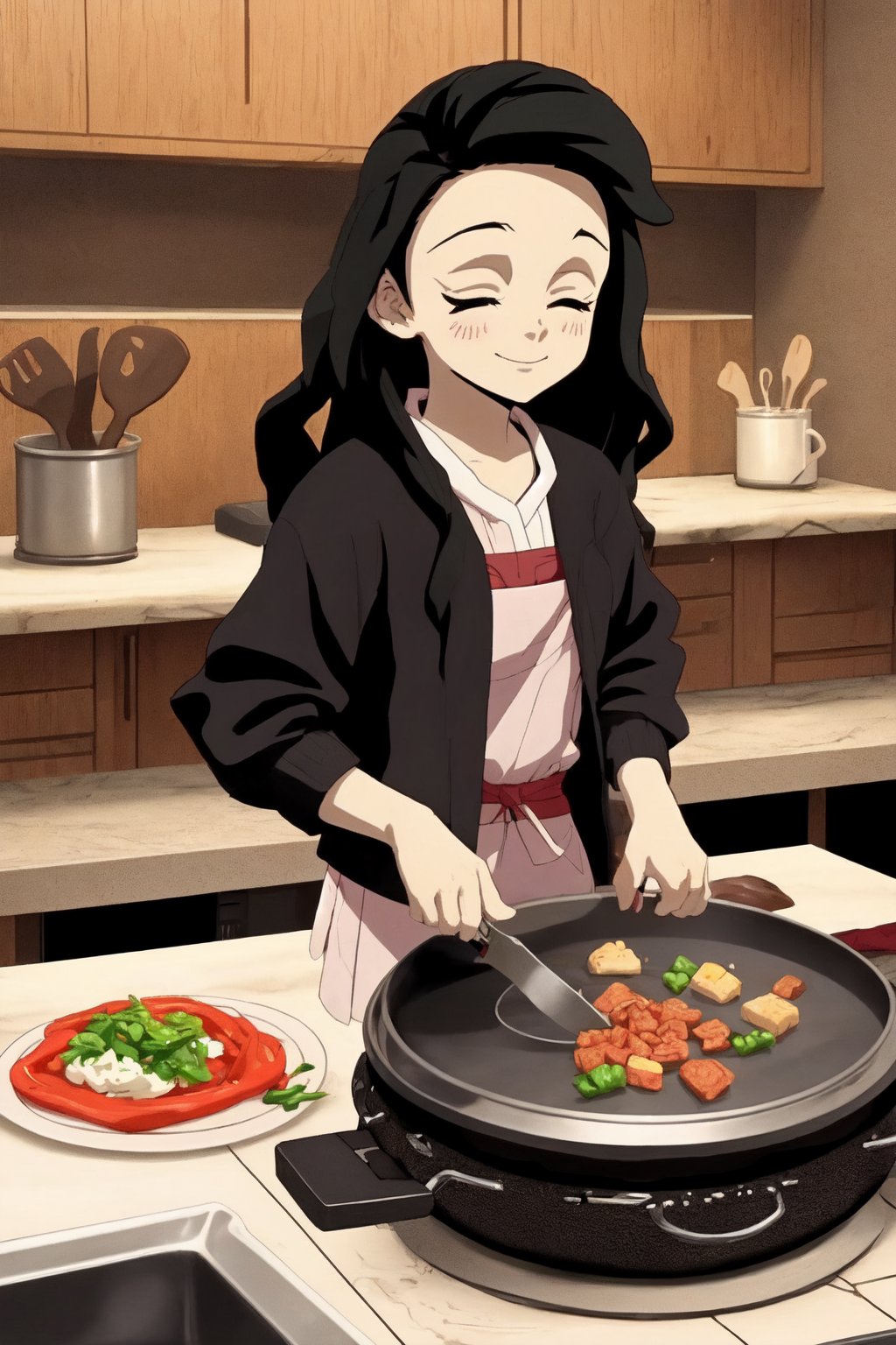 Cute kamado nezuko in kitchen with making some food 