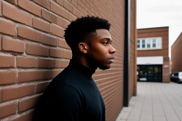 a 25 year old black man,standing against a brick wall in the city