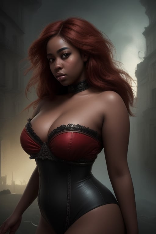 beautiful black woman, full-figured & curvy, black skin,red hair,sexy,turpentine, dramatic atmospheric maximalist, dreamlike, surrealism, insanely detailed and visually striking, by greg rutkowski, glamour, high quality model, pixiv contest winner, deviantart, character design, by pascal blanche rutkowski repin artstation hyperrealism, cinematic lighting, high quality, highres, detail enhancement, 8k, hdr, sharp focus, ultra detailed, ((best quality))