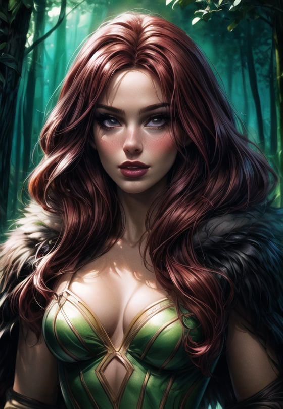  photorealistic drawing of  barbie as human, medium breasts, dark themed, red hair, hunter from the wilderness, wild amazonian girl, long fur coat, fantasy themed, D&D character design, hyper detailed face, dynamic light, graphic novel style, natural colors, dark fantasy, by frank miller and boris vallejo art, manga, detailed background, 60-30-10 color rule, parchment paper, masterpiece, best quality,