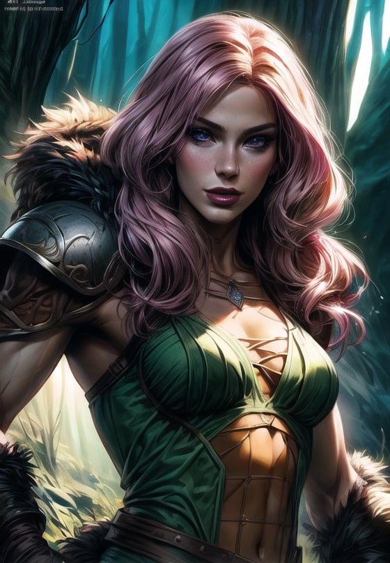  photorealistic drawing of  barbie as human, medium breasts, hunter from the wilderness,   wild barbarian, long fur coat, fantasy themed, D&D character design, hyper detailed face, dynamic light, graphic novel style, natural colors, dark fantasy, by frank miller and boris vallejo art, manga, detailed background, 60-30-10 color rule, parchment paper, masterpiece, best quality,