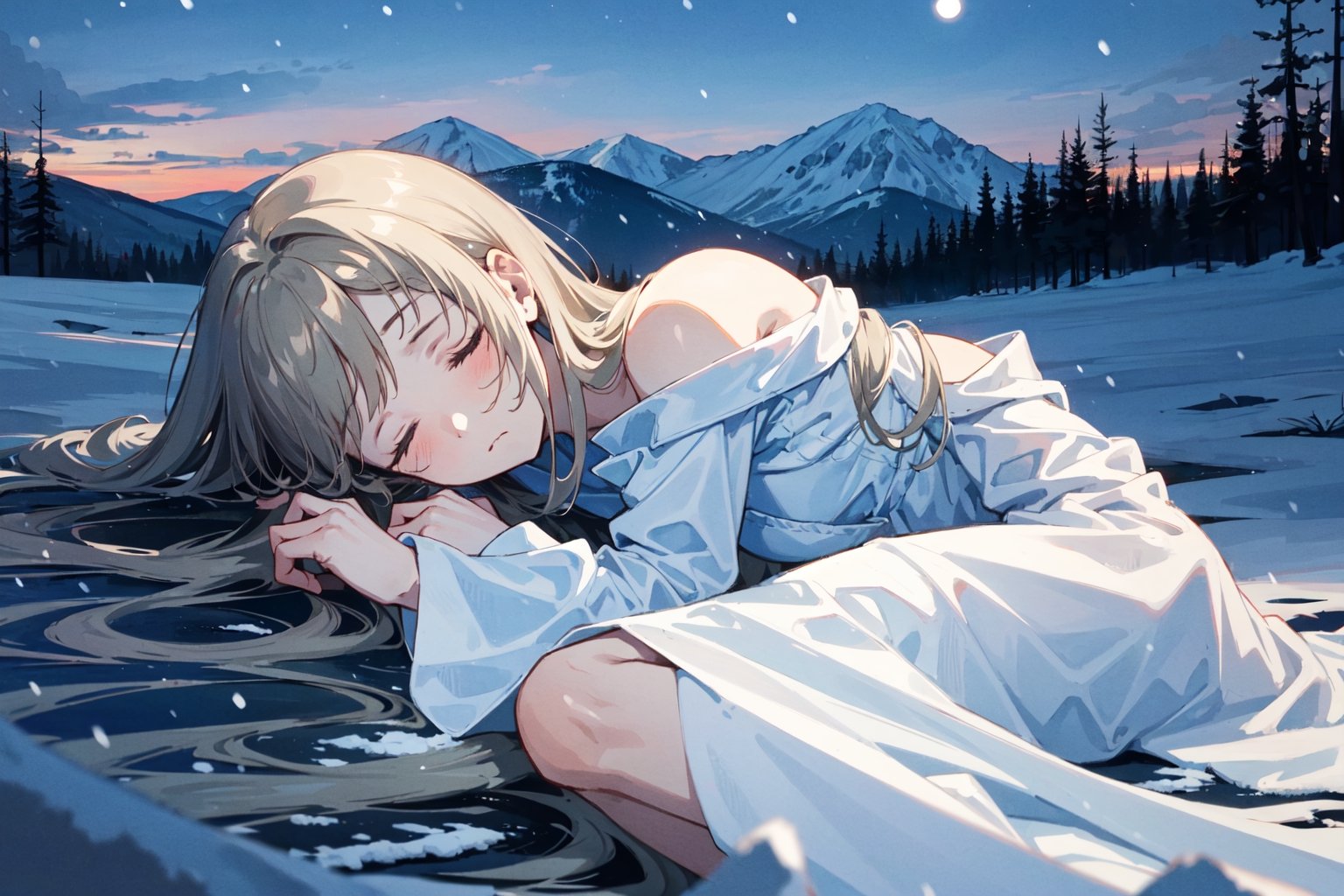 1girl, filthy white dress, mud, sleeping, snow, laying in the snow, sky, night, clear night, liminal, dark mood, masterpiece, best quality, sad, empty scenery, ultra detailed, horror