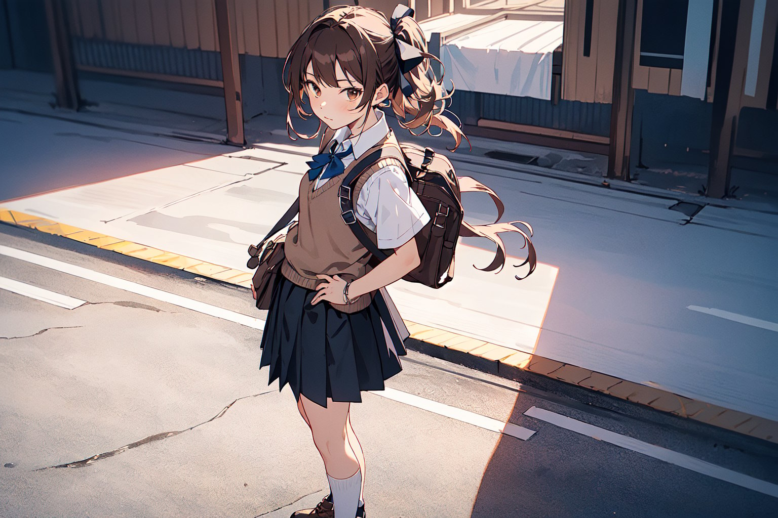 standing, looking on the side, shirai kuroko, 1girl, Black Skirt, Breasts, Brown Footwear, Brown Hair, Brown Sweater, Brown Sweater Vest, Brown Vest, Closed Mouth, Collared Shirt, Emblem, From Side, Full Body, Grey Skirt, Hair Ribbon, Hand on Own Hip, Long Hair, Looking Ahead, Miniskirt, Pleated Skirt, Ribbon, School Emblem, School Uniform, Shirt, Shoes, Short Sleeves, Skirt, Sleeveless, Sleeveless Sweater, Small Breasts, Socks, Solo, Summer Uniform, Sweater, Sweater Vest, Tokiwadai School Uniform, Vest, White Ribbon, White Shirt, White Socks, sexy, school background, pturned buttocks, (perfect details:1.1), (masterpiece, 4k ,ultra detailed:1.2), (beautiful face:1.2), (anime:1.2), (illustration:1.1), (((masterpiece))), (((best quality))), ((official art )), ((high resolution)), (extremely fine and beautiful:1.1), (extremely detailed CG, ultra-detailed, best shadow:1.1), (Highest Quality, Amazing Details:1.25)