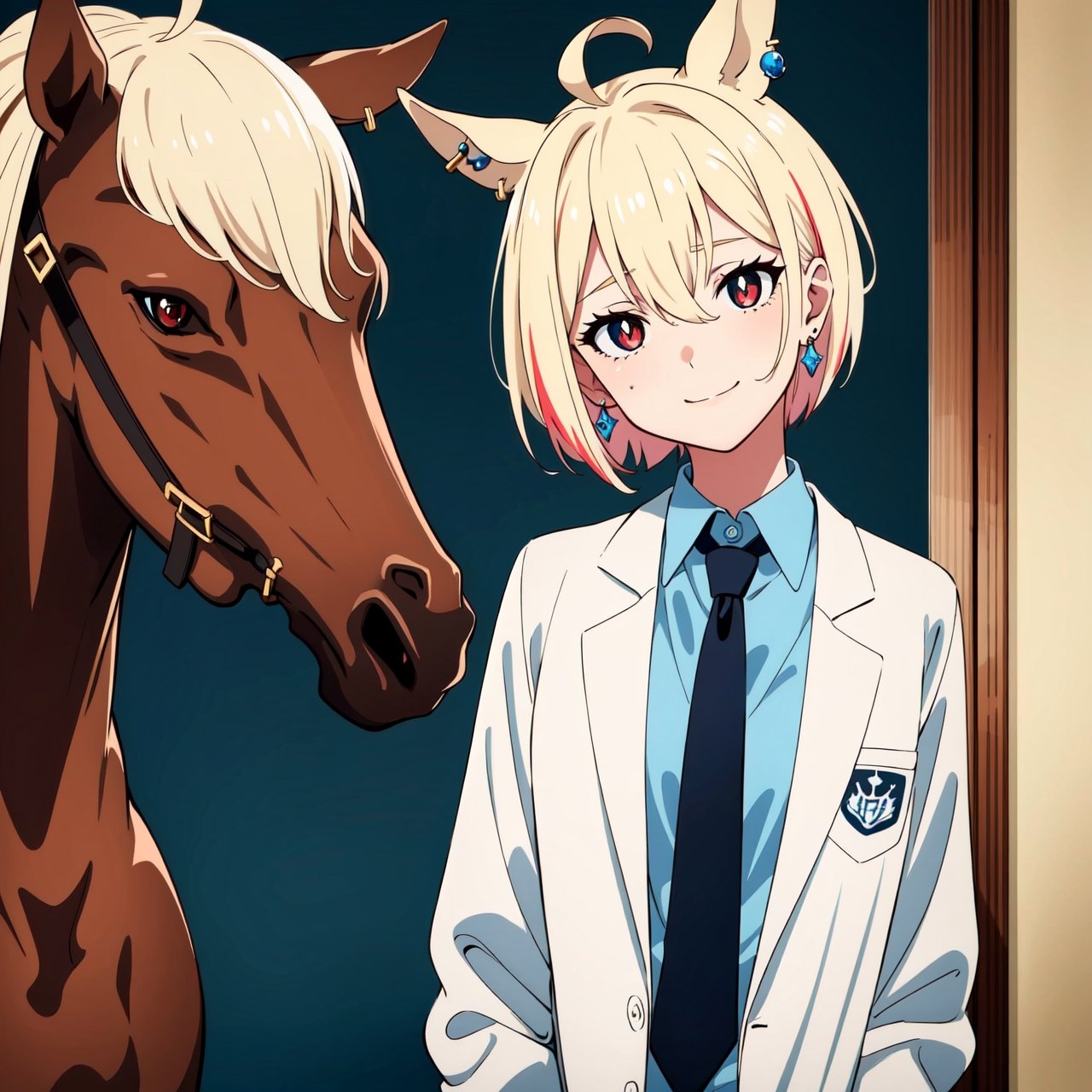 1girl, 1koma, ahoge, animal ears, bright pupils, collared shirt, cowboy shot, don't worry i'm wearing, earrings, emphasis lines, eyes visible through hair, hair between eyes, head tilt, horse ears, horse girl, horse tail, jewelry, lab coat, long sleeves, looking at viewer, messy hair, necktie, pantyhose, red eyes, shirt, short hair, short necktie, single earring, sleeves past fingers, sleeves past wrists, smirk, solo, sound effects, spot color, sweater, tail, (Raytracing:1.2), Bloom, ((Vivid)), (Highest Quality, Amazing Details:1.25), Brilliant Colorful Paintings, Volumetric Lighting, Best Shadows, Shallow Depth of Field, beautiful detailed eyes, high resolution, 8k_wallpaper, vibrant eyes, extremely detailed background, jewel-like eyes, dynamic light, cinematic light, (motion lines:1.1), (ultra-detailed:1.3), masterpiece, best quality, ultra detailed