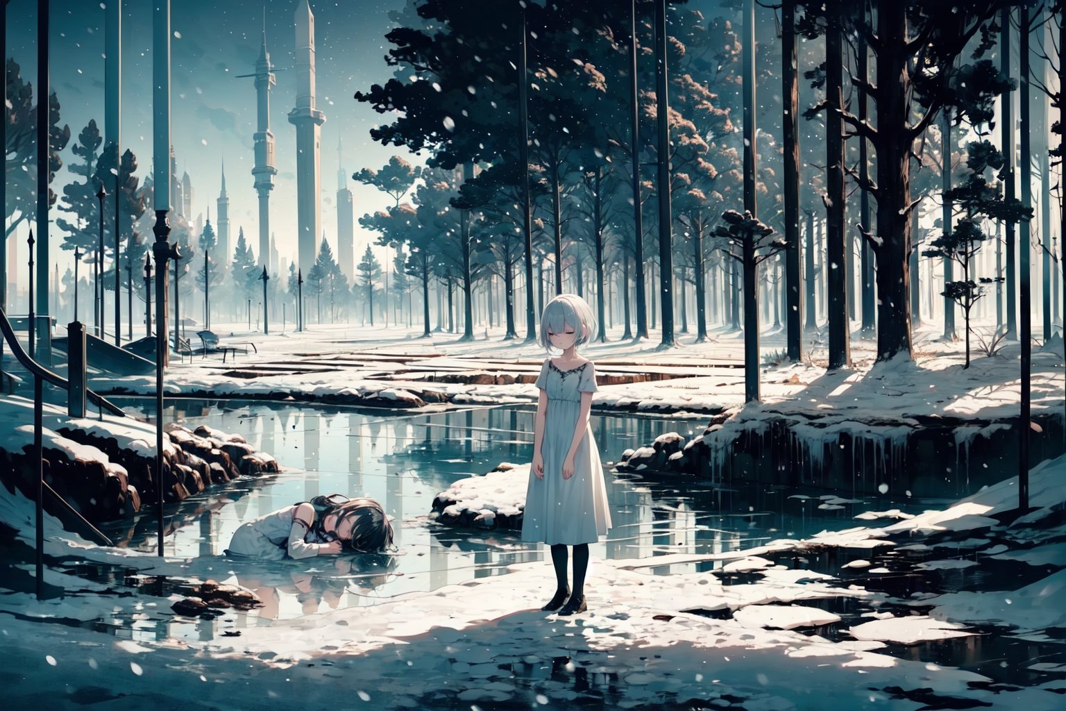 1girl, filthy white dress, mud, sleeping, snow, laying in the snow, sky, night, clear night, liminal, dark mood, masterpiece, best quality, sad, empty scenery, ultra detailed, horror