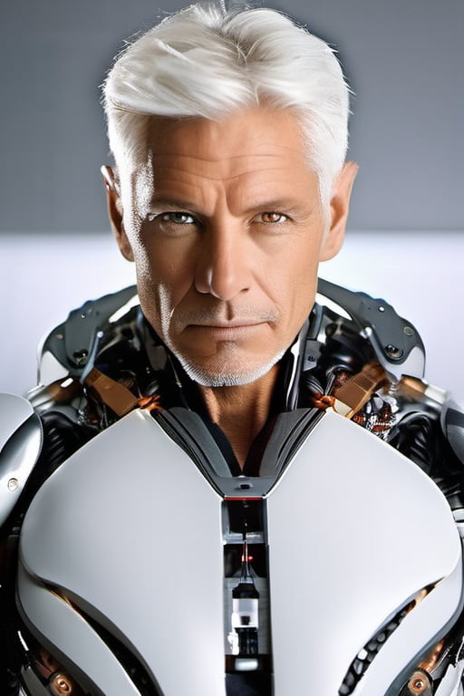 Mature male looking straight to camera, white_hair, hazel_eyes, seductive_pose,cyborg