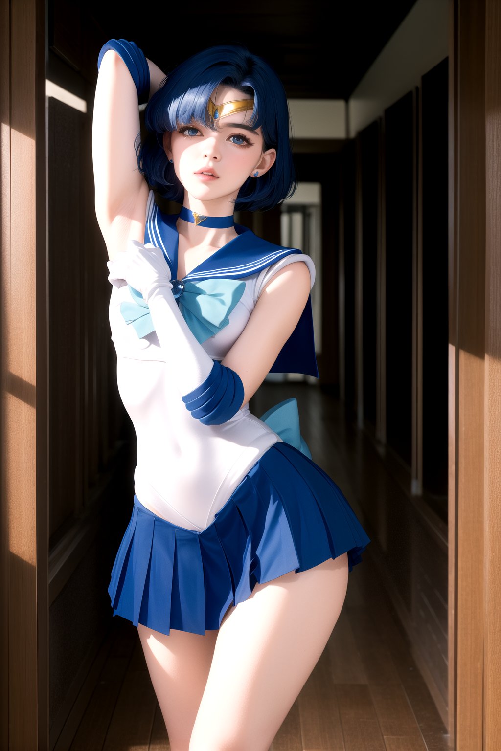 masterpiece, best quality, highres, mer1, tiara, sailor senshi uniform, skimpy skirt, blue sailor collar, tiara, bow, knee boots, choker, white gloves, blue choker, elbow gloves, jewelry, earrings, mercury_v2:0.7, inside, cowboy shot, skinny, long legs, dancing, arm above head 