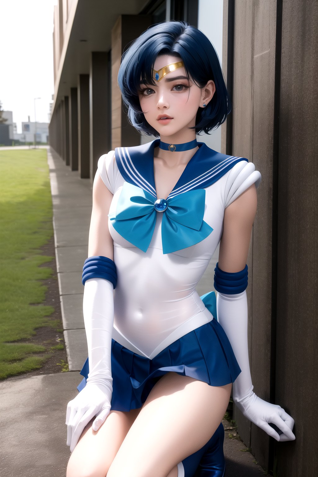 masterpiece, best quality, highres, mer1, tiara, sailor senshi uniform, skimpy skirt, blue sailor collar, tiara, bow, knee boots, choker, white gloves, blue choker, elbow gloves, jewelry, earrings, mercury_v2:0.7, outside, cowboy shot, skinny, long legs, on knees