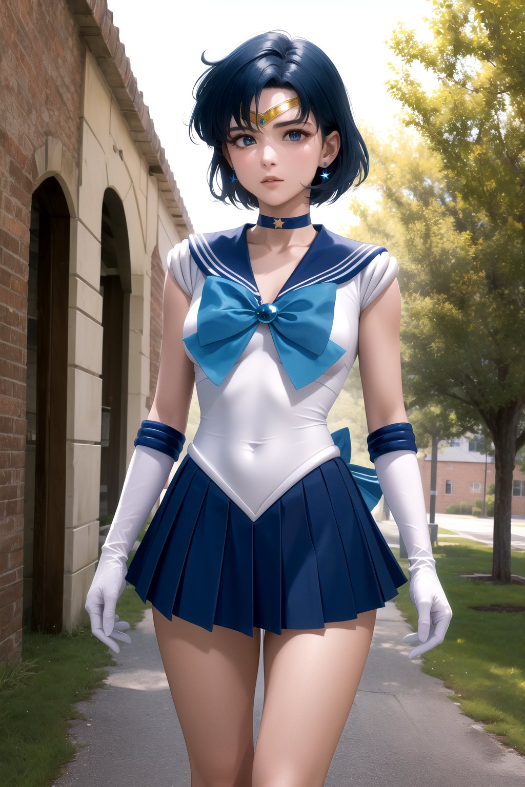 masterpiece, best quality, highres, mer1, tiara, sailor senshi uniform, very short skirt, blue sailor collar, tiara, bow, knee boots, choker, white gloves, blue choker, elbow gloves, jewelry, earrings, mercury_v2:0.7, outside, cowboy shot, skinny, long legs, knees