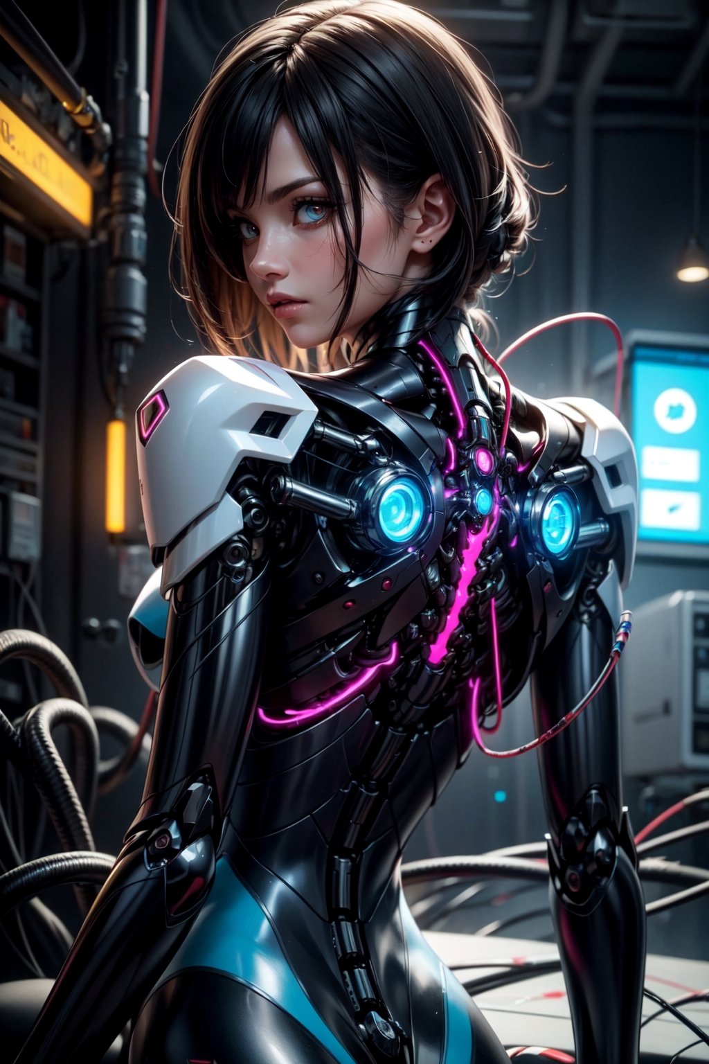 1mechanical girl,((ultra realistic details)), perfect face, perfect eyes, perfect hands, portrait, global illumination, shadows, octane render, 8k, ultra sharp,metal,intricate, ornaments detailed, cold colors, egypician detail, highly intricate details, realistic light, trending on cgsociety, glowing eyes, facing camera, neon details, machanical limbs,blood vessels connected to tubes,mechanical vertebra attaching to back,mechanical cervial attaching to neck,sitting,wires and cables connecting to head, ,bodysuit,nodf_lora,Mecha body