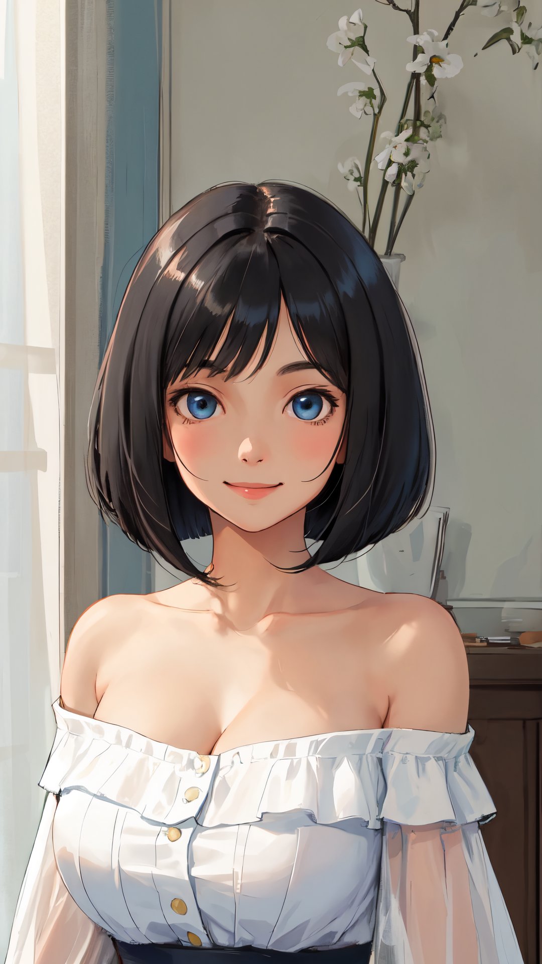 Best quality, masterpiece, detailed eyes, detailed face, 1girl, large breasts, perfect body, shy face, wavy hair, looking at viewer, mature woman, black hair, blue eyes, light smile, bob cut, off shoulder, 