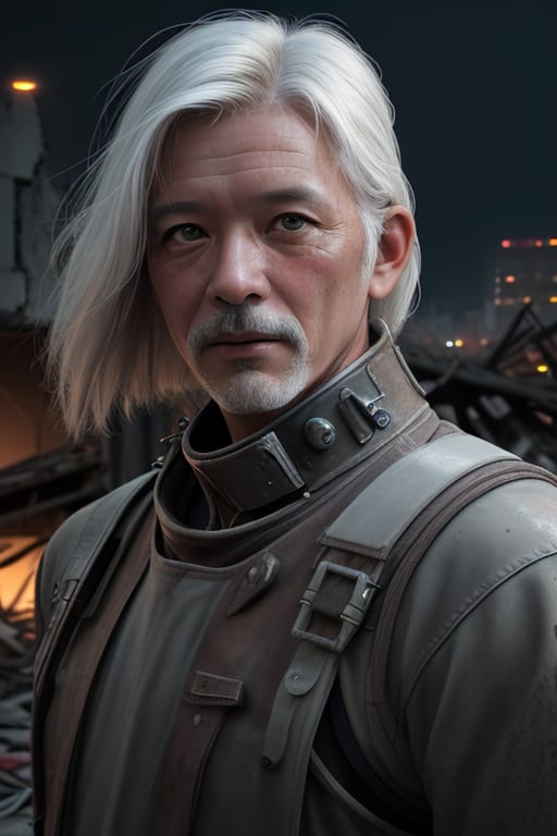 RAW photo, a close up portrait photo of brutal 45 y.o man in wastelander clothes, long haircut, pale skin, slim body, background is city ruins, high detailed skin, 8k uhd, dslr, soft lighting, high quality, film grain, Fujifilm XT3.