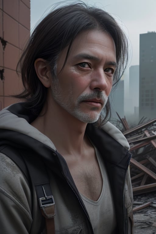 RAW photo, a close up portrait photo of brutal 45 y.o man in wastelander clothes, long haircut, pale skin, slim body, background is city ruins, high detailed skin, 8k uhd, dslr, soft lighting, high quality, film grain, Fujifilm XT3.