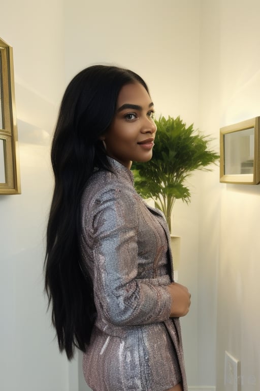 Side view of a  large breasted 15-year-old black african girl  with a muscular butt, with smooth pale skin, a sweet expression and smile, stands confidently in a strapless nightie. Her long black african hair flows naturally, and she looks straight into the camera with blue eyes that have a slight shine, accentuated by delicate makeup including red lipstick and eye lashes. The background features a luxury girl's bedromm with femine wall hang ings, colors and lamps, illuminated by soft natural light. High resolution, 4K quality, hyperrealistic, raw image, unpolished filter, depth of field, loft, Canon EF 100-400mm f/4.5, Fujifilm Pro 400H.