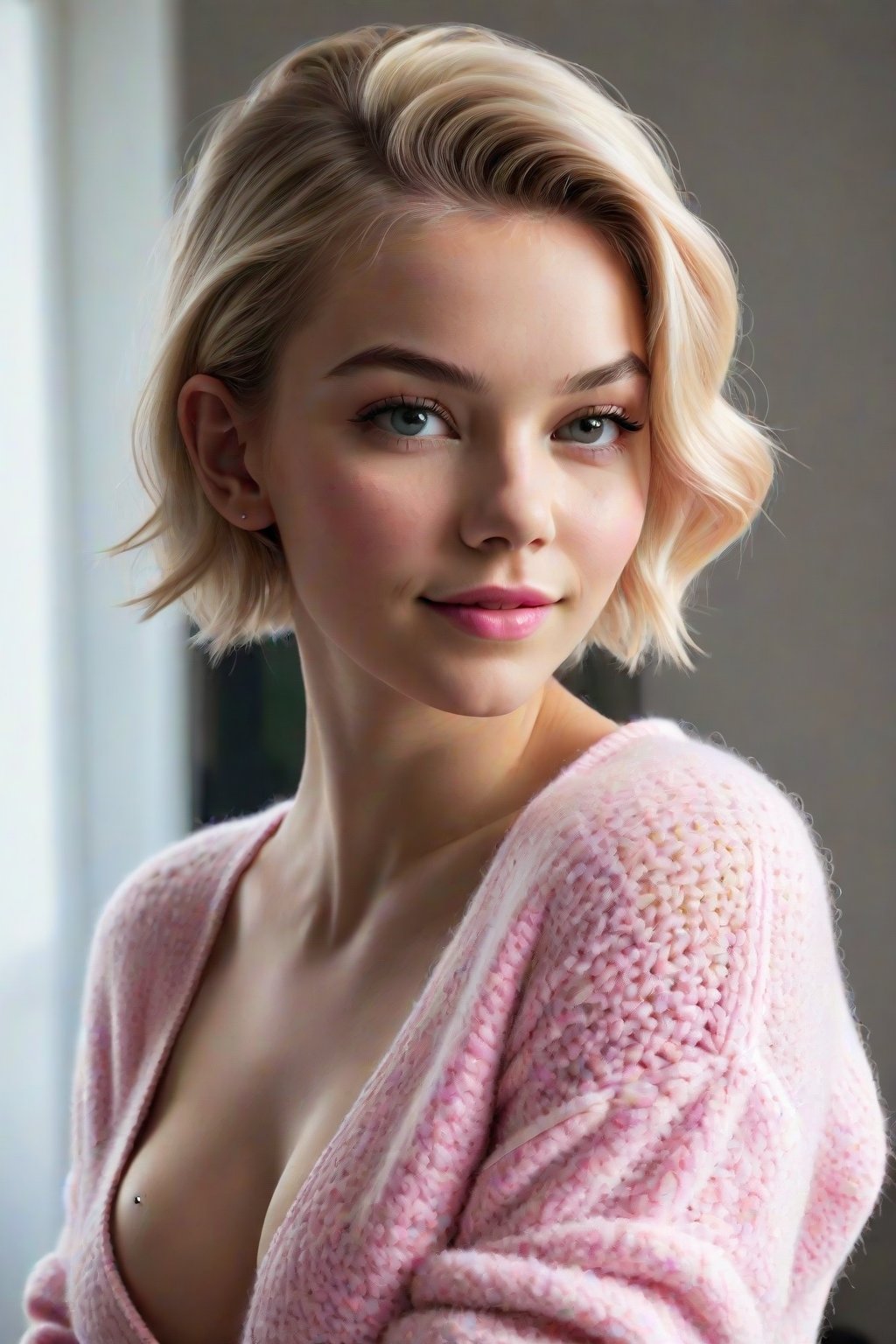 (Extremely Realistic, best quality, (masterpiece), high resolution, high quality, high detail, 16K, very fine details, realistic, RAW photo, real photo, high resolution, HD, perfect proportions, perfect hands, perfect body, perfect face, cinematic lighting ), 1girl, Surreal photo of a beautiful girl, a concept of young Gwen Stacy with her undercut, sidecut hair style. The girl wears a Fuzzy cleavage crochet sweater with pink details. This scceneis her bedroom, 20 years old, beautifull eyes, full lips, blushing. Dynamic sexy pose, smile. Full body shot, g_s, blonde