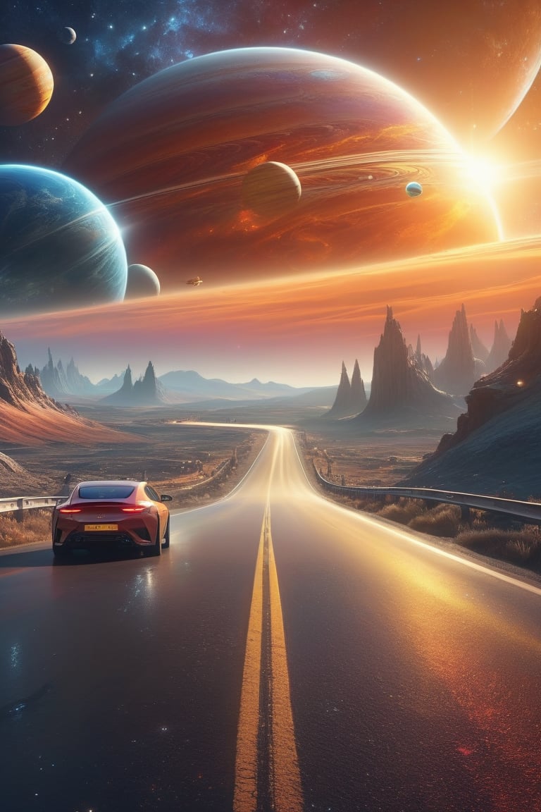 It generates a high quality cinematic image, extreme details, ultra definition, extreme realism, high quality lighting, 16k UHD, a road with cars on it but in the background and in front is outer space and you can see planets and stars the context is chaotic as if it were the end of the world, the light is sunset,  There are more cars on the road