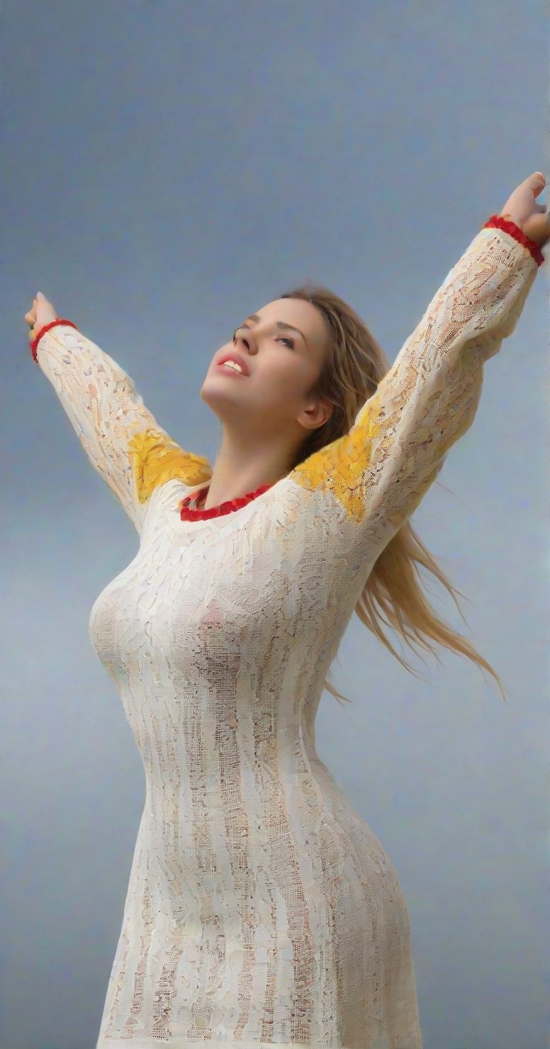 (Fractal Art: 1.3), (Colorful Colors), White Elegance, A morbid beauty in a loose yellow red crochet sweater dress,  looking up at the rainy sky with a joyous expression, a sigle ray of sunshine breaks through the clouds.