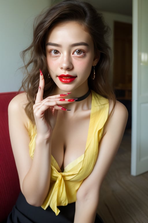 (((1girl showing the viewer her extra-long red fingernails.))) best quality, ultra-high resolution, 25 years old girl, with huge cleavage, red lip stick, extra-long red fingernails, yellow sleeveless button-down shirt, black skirt, black choker, cute, (kpop idol), (aegyo sal:1), (brown blonde hair:1), ((puffy eyes)) , medium breasts, looking at viewer, full body, looking forward, living room, lying on floor