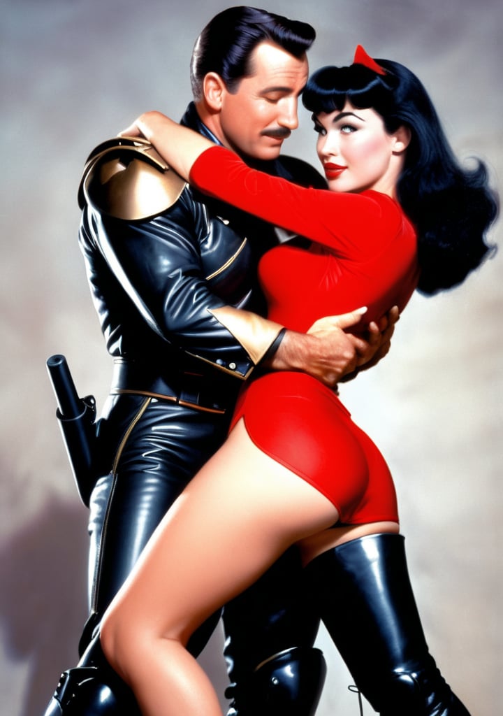 Realistic full body standing photo of Walt Disney's Betty Page being hugged from behind by The Rocketeer. (Dave Stevens, Eclipse Comics, 1980s)